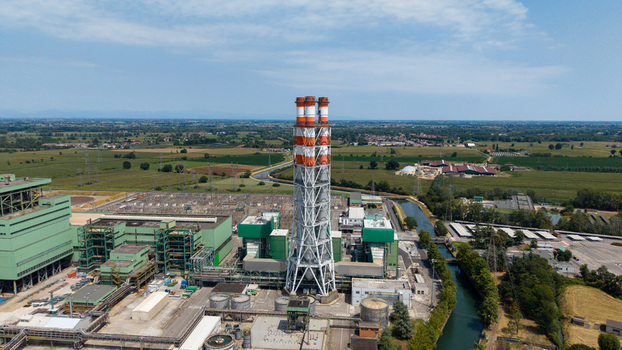 Aerial view of a modern combined cycle natural gas power station in Tavazzano con Villavesco Lombardy Italy.