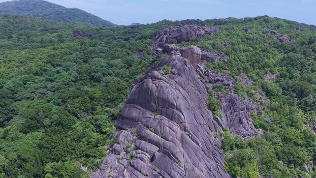Aerial view of rocky ridge in La Digue Seychelles.