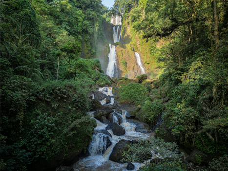 Aerial view of Curug Telu waterfall cascading through lush tropical jungle and rocky terrain in Kendal Central Java Indonesia. Aerial view of Curug Telu waterfall cascading through lush tropical jungle and rocky terrain in Kendal Central Java Indonesia.