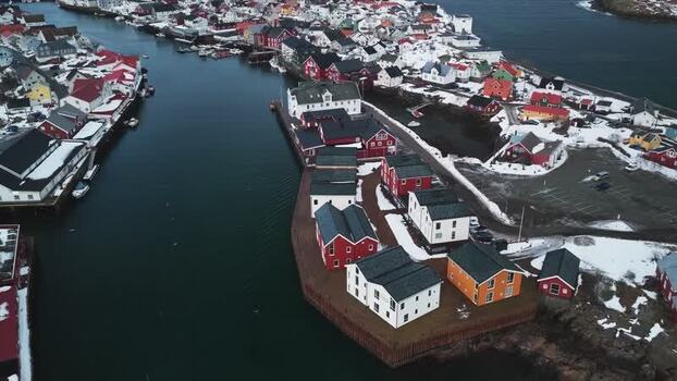 Aerial view of Henningsv&aelig;r Bryggehotell Norway.