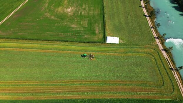 Aerial view of tractor in Stardalen fields Norway.