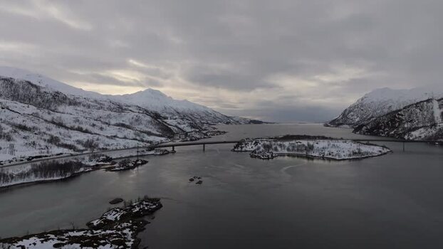 Aerial view of Lofoten bridge in winter Norway.
