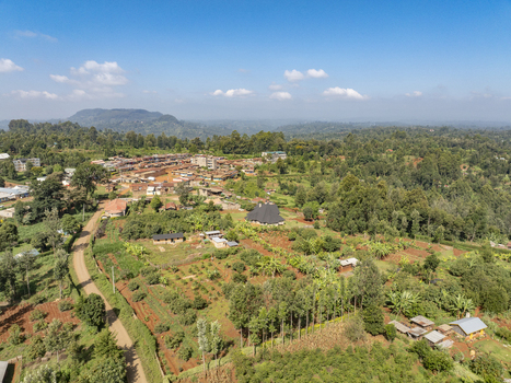 Aerial view of rustic rooftops nestled among the verdant foliage with the dark thatched roof standing out against the red soil Nyeri Nyeri Kenya. Aerial view of rustic rooftops nestled among the verdant foliage with the dark thatched roof standing out against the red soil Nyeri Nyeri Kenya.