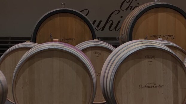 View of wine barrels at Ch&acirc;teau Couhins Lurton France.