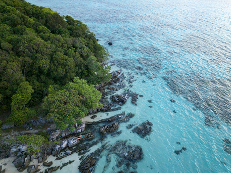 Aerial view of Tanjung Gelam Beach where the lush green forest meets the turquoise sea Karimunjawa Central Java Indonesia. Aerial view of Tanjung Gelam Beach where the lush green forest meets the turquoise sea Karimunjawa Central Java Indonesia.