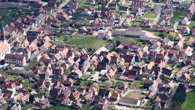 Aerial view of buildings and roads in Kintzheim France.