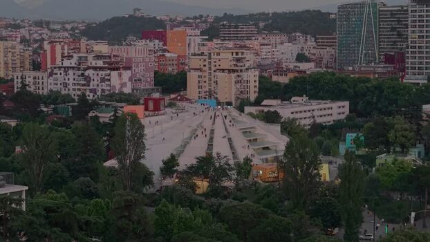 Aerial view of the Pyramid of Tirana and the city skyline Albania.