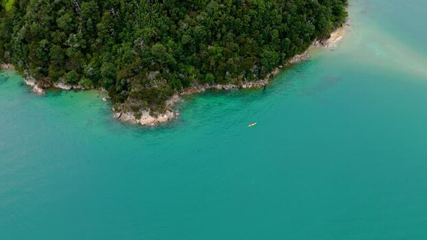 Aerial view of kayak near forest New Zealand. Aerial view of kayak near forest New Zealand.