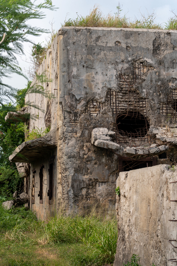 View of the historic North Field Base ruins featuring weathered concrete walls exposed rebar and overgrown vegetation in Northern Tinian Tinian Northern Mariana Islands. View of the historic North Field Base ruins featuring weathered concrete walls exposed rebar and overgrown vegetation in Northern Tinian Tinian Northern Mariana Islands.