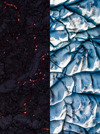 Aerial view of contrasting volcanic lava and glacial ice in Iceland. Aerial view of contrasting volcanic lava and glacial ice in Iceland.