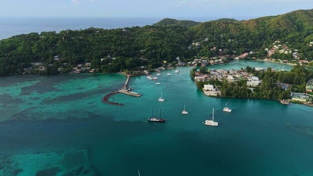 Aerial view of Praslin Ferry Harbour Seychelles.