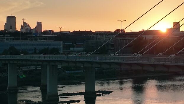 Aerial view of Swietokrzyski Bridge at sunset in Warsaw Poland.
