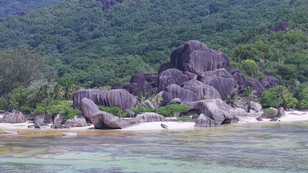 Aerial view of granite boulders at Anse Reunion Seychelles.