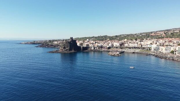 Aerial view of Castello Normanno and the coast of Aci Castello Italy. Aerial view of Castello Normanno and the coast of Aci Castello Italy.