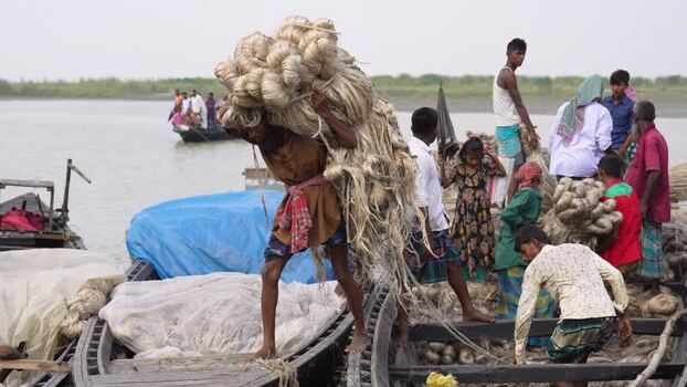 View of a man carrying a heavy load of jute fibers Bangladesh.