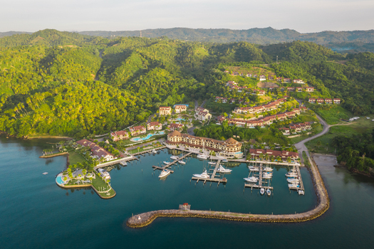 Aerial view of The Bannister harbour and the Yacht club near a luxury resort on a beautiful paradise island Dominican Republic.