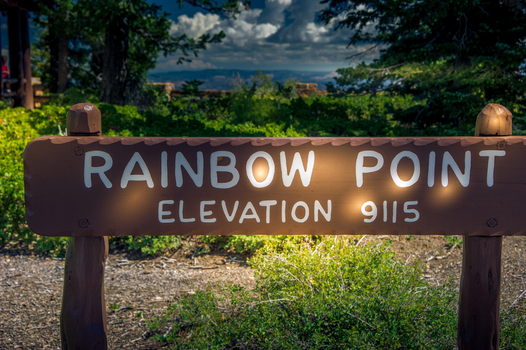 View of the Rainbow Point sign at an elevation of 9115 feet in Bryce Canyon National Park Utah United States.
