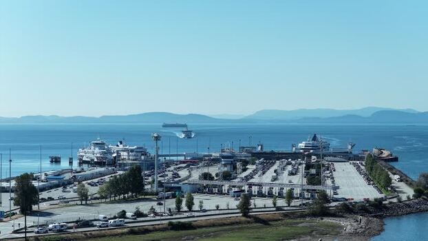 Aerial view of BC Ferries Tsawwassen terminal in Delta Canada.