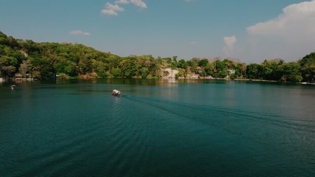Aerial view of Island of Flores and Lake Peten Itza Guatemala.