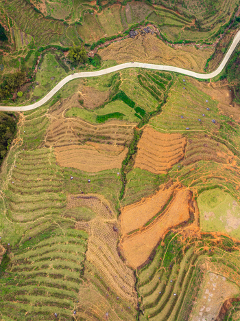 Aerial view of terraced rice fields with winding road through the agricultural landscape of Vietnam. Aerial view of terraced rice fields with winding road through the agricultural landscape of Vietnam.