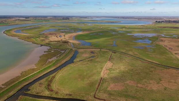 Aerial view of River Alde and wetland United Kingdom.