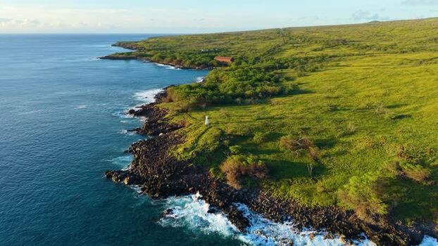 Aerial view of Mahukona Beach Park and the rugged coastline United States.