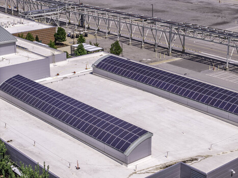 Clarksville Tennessee United States 04 July 2026 Aerial view of solar panels on the Google Data Center roof with curved structures and industrial infrastructure.