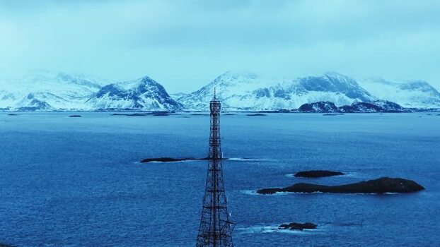 Aerial view of Henningsv&aelig;r radio tower Norway.