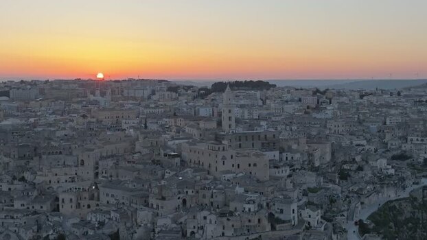 Aerial view of Sassi di Matera at sunset Italy.