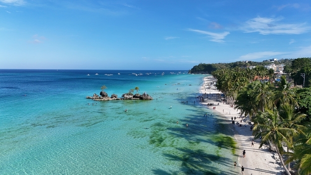 Malay Philippines 01 May 2026 Aerial view of Boracay Island featuring Willy s Rock turquoise waters white sand beach lined with palm trees and people under a clear blue sky. Malay Philippines 01 May 2026 Aerial view of Boracay Island featuring Willy s Rock turquoise waters white sand beach lined with palm trees and people under a clear blue sky.