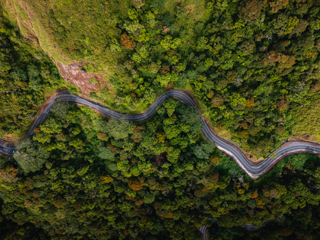 Aerial view of a winding road cutting through the dense green vegetation of the Sembalun agricultural basin at the foothills of Mount Rinjani Sembalun West Nusa Tenggara Indonesia. Aerial view of a winding road cutting through the dense green vegetation of the Sembalun agricultural basin at the foothills of Mount Rinjani Sembalun West Nusa Tenggara Indonesia.