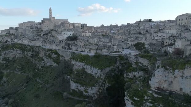 Aerial view of Sassi di Matera on a rocky cliff in Italy.