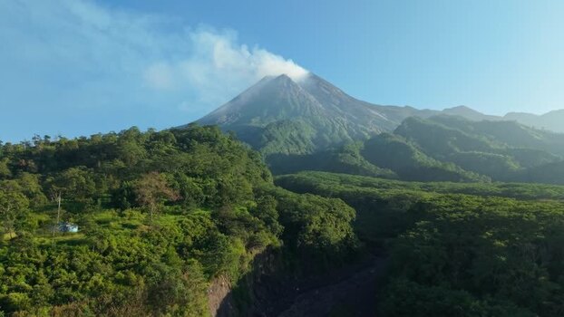 Aerial view of Mount Merapi and Bunker Kaliadem Indonesia.