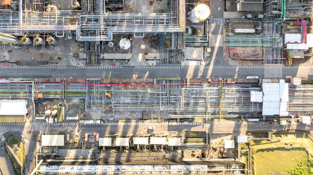 Aerial view of a petrochemical complex featuring intricate networks of industrial pipes storage tanks and processing infrastructure in Santo Andre State of Sao Paulo Brazil.