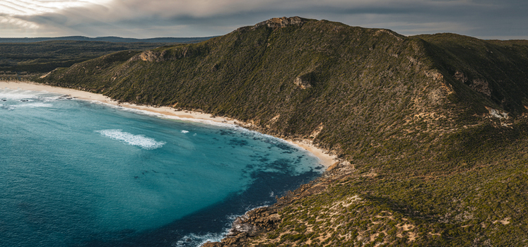 Aerial view of Conspicuous Cliff featuring rugged coastal cliffs turquoise ocean waters sandy beach and dense native vegetation in Nornalup Western Australia Australia. Aerial view of Conspicuous Cliff featuring rugged coastal cliffs turquoise ocean waters sandy beach and dense native vegetation in Nornalup Western Australia Australia.