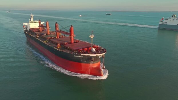 Aerial view of a large bulk carrier ship sailing in the sea Netherlands.