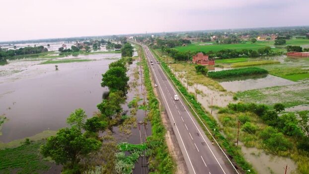 Aerial view of flooded road in Lucknow India.