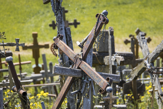 View of the Hill of Crosses featuring numerous wooden and metal crucifixes adorned with rosaries against a green grassy background in Siauliu Siauliu apskritis Lithuania. View of the Hill of Crosses featuring numerous wooden and metal crucifixes adorned with rosaries against a green grassy background in Siauliu Siauliu apskritis Lithuania.