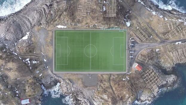 Aerial view of Lofoten football pitch in Vagan Municipality Norway.
