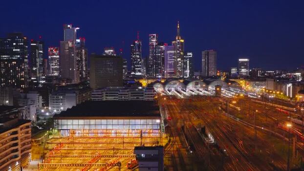 Aerial view of Hauptbahnhof and the illuminated skyline Germany.