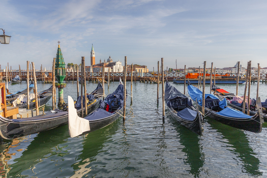 View of traditional gondolas moored to wooden poles in the calm water of the lagoon with historic buildings in the background in Venice Veneto Italy. View of traditional gondolas moored to wooden poles in the calm water of the lagoon with historic buildings in the background in Venice Veneto Italy.