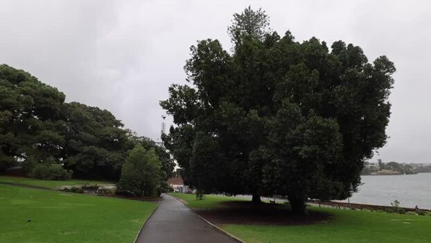 View of Royal Botanic Garden Sydney with lush green lawns Australia.
