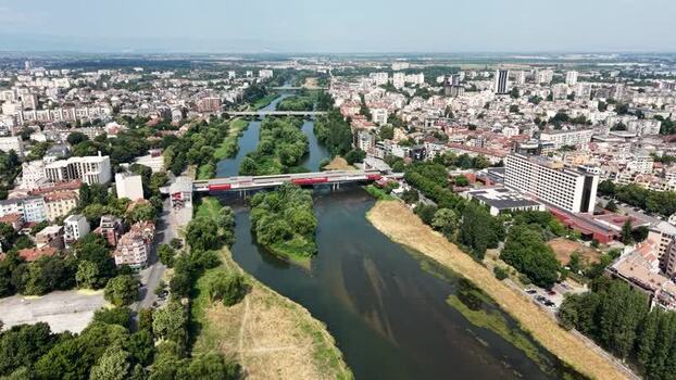 Aerial view of Maritsa River and urban cityscape Bulgaria.
