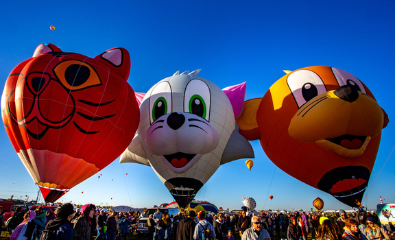 Albuquerque United States 12 October 2017 View of character shaped hot air balloons rising amidst a vibrant crowd at the Albuquerque International Balloon Fiesta. Albuquerque United States 12 October 2017 View of character shaped hot air balloons rising amidst a vibrant crowd at the Albuquerque International Balloon Fiesta.