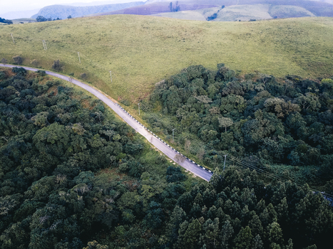 Aerial view of a winding asphalt road carving a path between a vibrant dark green forest and a soft sun dappled grassy hill Obudu Cross River Nigeria.