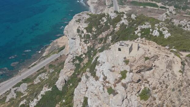 Aerial view of rocky cliffside and coastal road Northern Cyprus.
