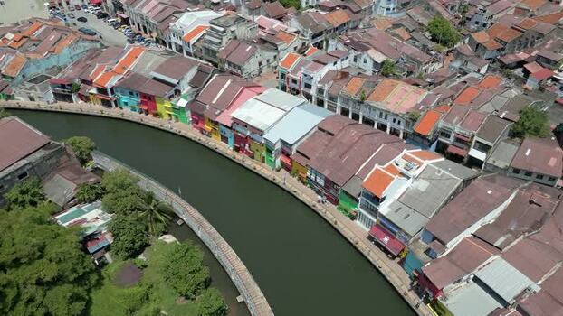 Aerial view of Malacca River and historic shophouses Malaysia. Aerial view of Malacca River and historic shophouses Malaysia.