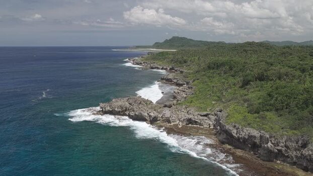 Aerial view of the rocky coastline and lush forest Philippines.