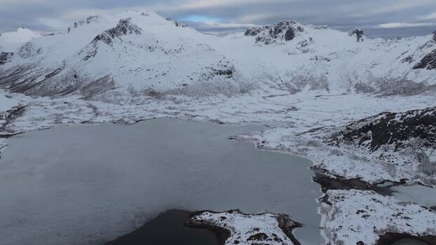 Aerial view of snowy mountains in Lofoten Norway.