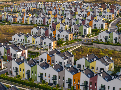 Aerial view of Residential Park Lozen featuring modern colorful houses with pitched roofs and orderly streets in Sofia Sofia City Province Bulgaria. Aerial view of Residential Park Lozen featuring modern colorful houses with pitched roofs and orderly streets in Sofia Sofia City Province Bulgaria.